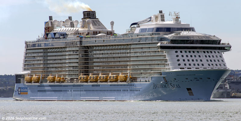 Royal Caribbean's 347m ANTHEM OF THE SEAS (2015/IMO 9656101/168666gt/4905 passenger at maximum capacity) leaving Auckland following her second visit, next stop, the Bay of Islands. 5 January 2026. Photo by Â© 2026 SeapixOnline.com
